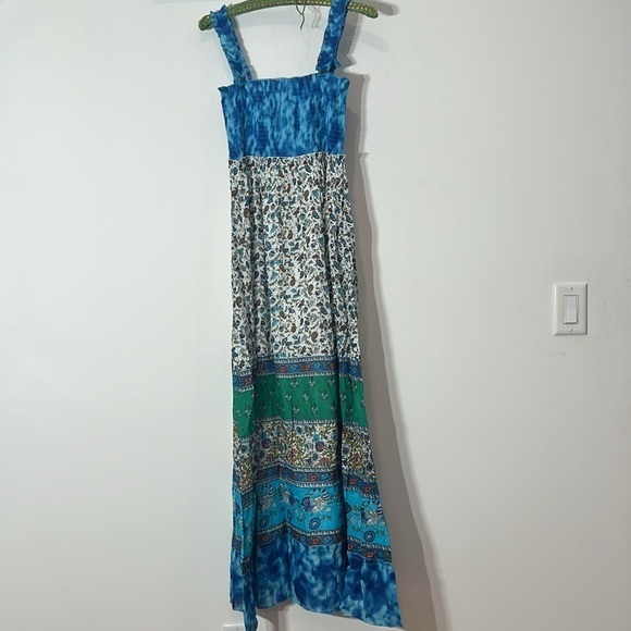 NWT Chaudry KC Maxi Dress SMALL Blue Green Gypsy Bohemian Smocked Tiered Cotton - Picture 9 of 10